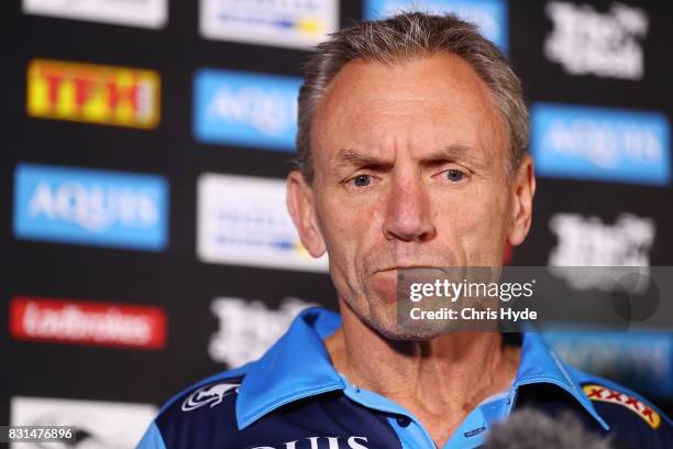 Coach Neil Henry speaks to the media during a Gold Coast Titans NRL press conference at Titans Headquarters on August 15, 2017 in Gold Coast,...