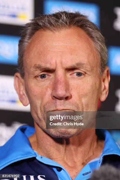 Coach Neil Henry speaks to the media during a Gold Coast Titans NRL press conference at Titans Headquarters on August 15, 2017 in Gold Coast,...