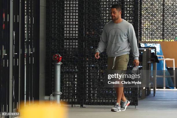 Jarryd Hayne of the Gold Coast Titans leaves Titans Headquarters on August 15, 2017 in Gold Coast, Australia.