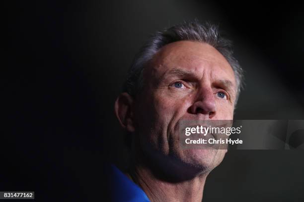 Coach Neil Henry speaks to the media during a Gold Coast Titans NRL press conference at Titans Headquarters on August 15, 2017 in Gold Coast,...