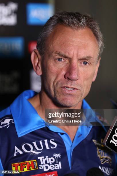 Coach Neil Henry speaks to the media during a Gold Coast Titans NRL press conference at Titans Headquarters on August 15, 2017 in Gold Coast,...