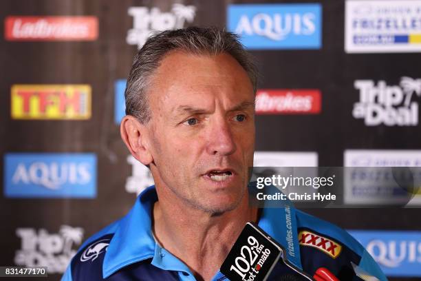 Coach Neil Henry speaks to the media during a Gold Coast Titans NRL press conference at Titans Headquarters on August 15, 2017 in Gold Coast,...