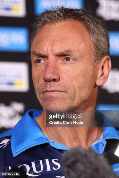 Coach Neil Henry speaks to the media during a Gold Coast Titans NRL press conference at Titans Headquarters on August 15, 2017 in Gold Coast,...
