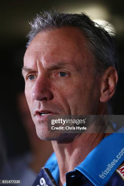 Coach Neil Henry speaks to the media during a Gold Coast Titans NRL press conference at Titans Headquarters on August 15, 2017 in Gold Coast,...