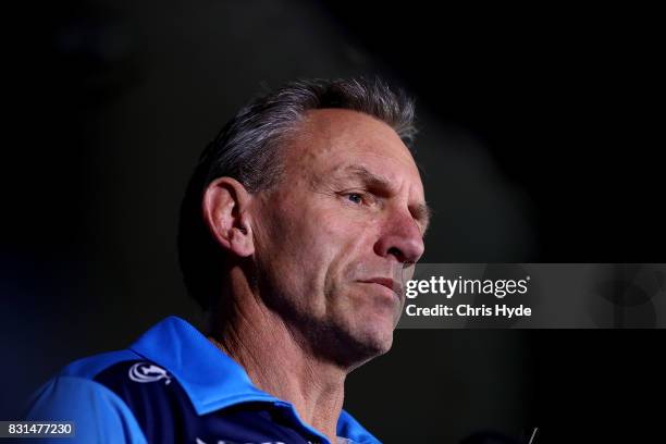 Coach Neil Henry speaks to the media during a Gold Coast Titans NRL press conference at Titans Headquarters on August 15, 2017 in Gold Coast,...