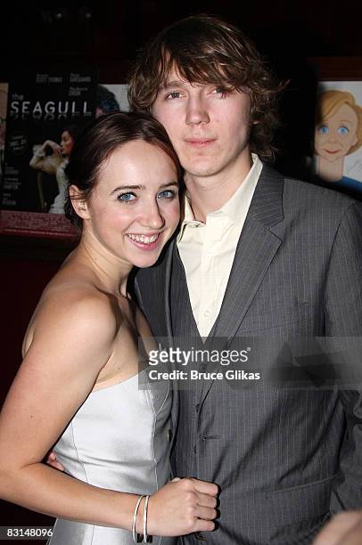 Zoe Kazan and boyfriend Paul Dano pose at The Opening Night After Party for "The Seagull" at Sardi's on October 2, 2008 in New York City, New York.
