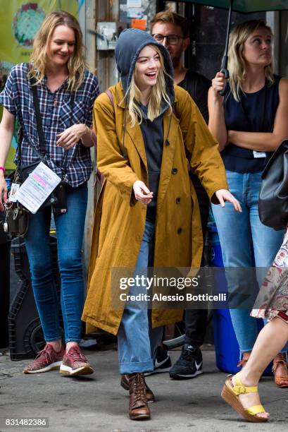 Emma Stone is seen filming 'Maniac' for Netflix on August 14, 2017 in New York City.