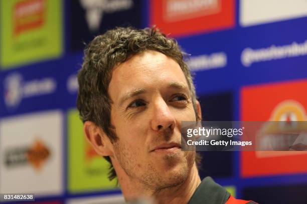 Robert Murphy of the Western Bulldogs announces his retirement from AFL during a press conference at Whitten Oval on August 15, 2017 in Melbourne,...