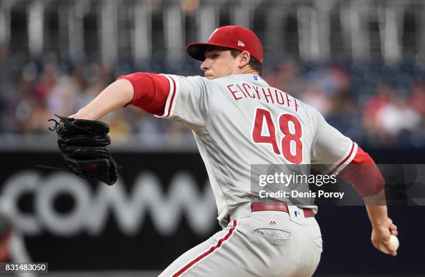 Jerad Eickhoff of the Philadelphia Phillies pitches during the first inning of a baseball game against the San Diego Padres at PETCO Park on August...