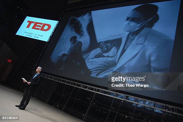 James Nachtwey speaks at the world premiere of photographer James Nachtwey's TED Prize "Wish" Project at Jazz at Lincoln Center on October 3, 2008 in...
