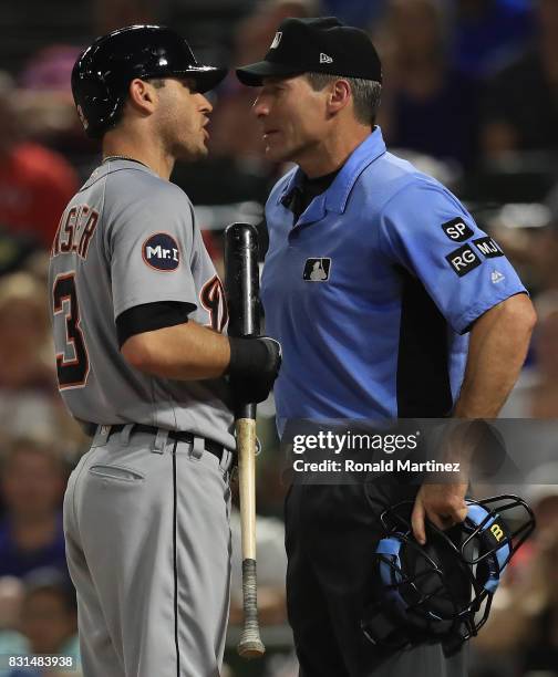 Ian Kinsler of the Detroit Tigers after being ejected by home plate umpire, Angel Hernandez during play against the Texas Rangers at Globe Life Park...