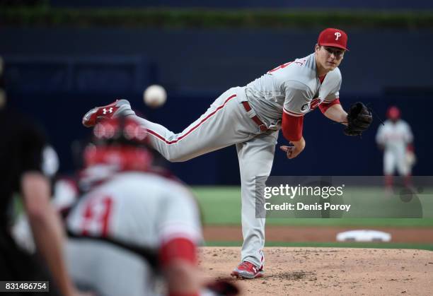 Jerad Eickhoff of the Philadelphia Phillies pitches during the first inning of a baseball game against the San Diego Padres at PETCO Park on August...