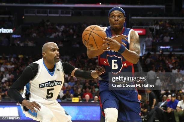 Dominic McGuire of the Power defends Bonzi Wells of the Tri-State during week eight of the BIG3 three on three basketball league at Staples Center on...