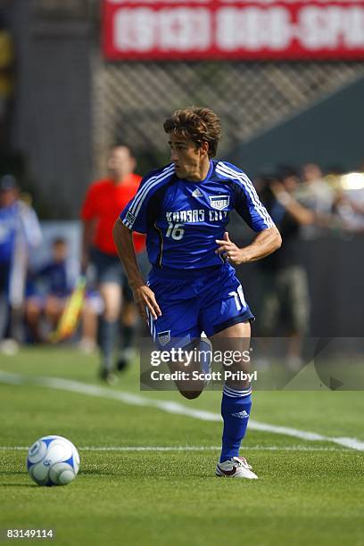 Josh Wolff of the Kansas City Wizards drives upfield against the Chicago Fire during the game at Community America Ballpark on October 5, 2008 in...