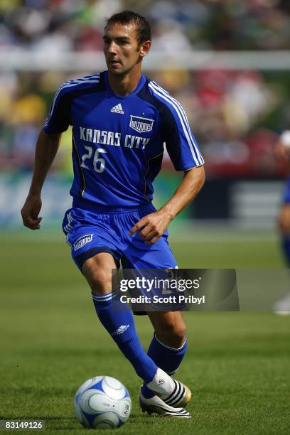 Kevin Souter of the Kansas City Wizards dribbles the ball against the Chicago Fire during the game at Community America Ballpark on October 5, 2008...