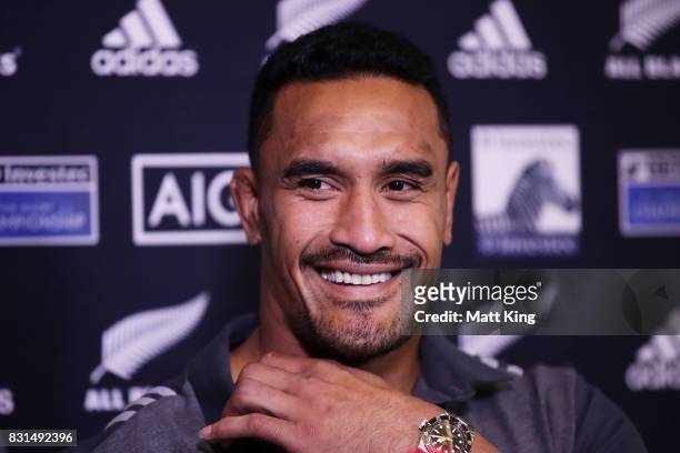 Jerome Kaino of the All Blacks speaks to the media during a New Zealand All Blacks media session at Intercontinental Double Bay on August 15, 2017 in...