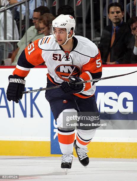 Frans Nielsen of the New York Islanders skates against the New Jersey Devils on October 3, 2008 at the Prudential Center in Newark, New Jersey. The...