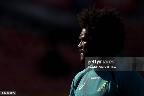 Henry Speight looks on during an Australian Wallabies training session at Pepper Stadium on August 15, 2017 in Sydney, Australia.