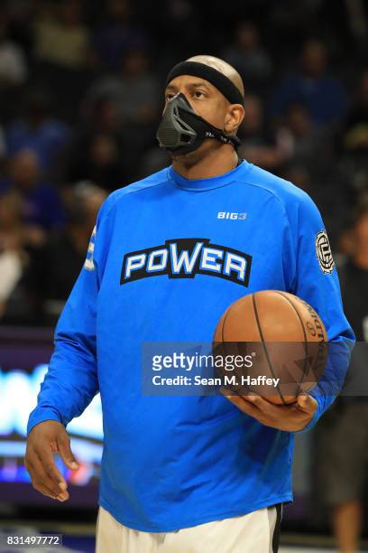 Jerome Williams of the Power warms up prior to his game against the Tri-State during week eight of the BIG3 three on three basketball league at...