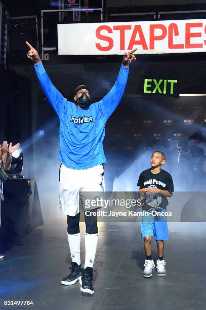 Jerome Williams of the Power is introduced during week eight of the BIG3 three on three basketball league at Staples Center on August 13, 2017 in Los...