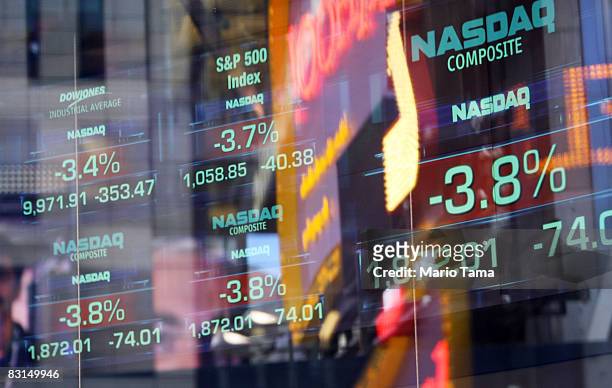 Negative numbers are seen on tickers at the Nasdaq MarketSite October 6, 2008 in New York City. The Dow Jones industrials dropped more than 800...