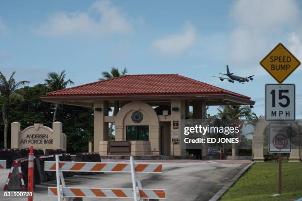 General view shows the entrance to Andersen Air Force Base at Yigo in Guam on August 15, 2017. - Guam officials were "ecstatic" on August 15 as North...