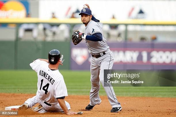 Jason Bartlett of the Tampa Bay Rays fails to turn a double play after he forced out Paul Konerko of the Chicago White Sox on a fielder's choice hit...