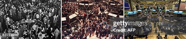 This three-picture sequence shows images over the years from the New York Stock Exchange in New Tork City. At left traders work the floor of the NYSE...