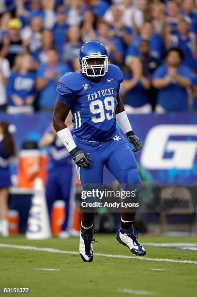 Jeremy Jarmon of the Kentucky Wildcats plays his position during the game against the Western Kentucky Hilltoppers at Commonwealth Stadium on...