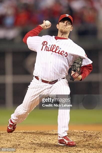 Brad Lidge of the Philadelphia Phillies pitches against the Milwaukee Brewers during Game 2 of the NLDS Playoffs at Citizens Bank Ballpark on October...