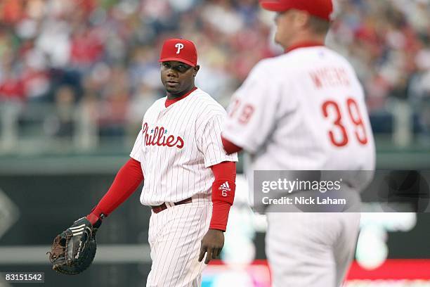 Ryan Howard of the Philadelphia Phillies walks on the field against the Milwaukee Brewers during Game 2 of the NLDS Playoffs at Citizens Bank...