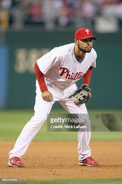 Pedro Feliz of the Philadelphia Phillies stands ready on the field against the Milwaukee Brewers during Game 2 of the NLDS Playoffs at Citizens Bank...