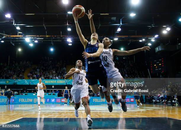 Melisa Gretter of Argentina fights for the ball with Nirra Fields of Canada during a match between Argentina and Canada as part of the FIBA Women's...