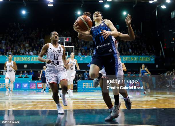 Melisa Gretter of Argentina fights for the ball with Nirra Fields of Canada during a match between Argentina and Canada as part of the FIBA Women's...