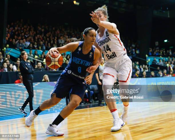Andrea Boquete of Argentina fights for the ball with Katherine Plouffe of Canada during a match between Argentina and Canada as part of the FIBA...