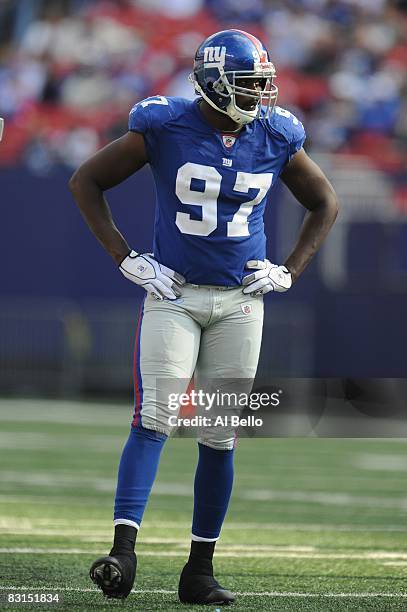 Mathias Kiwanuka of the New York Giants plays against the Seattle Seahawks during their game on October 5, 2008 at Giants Stadium in East Rutherford,...