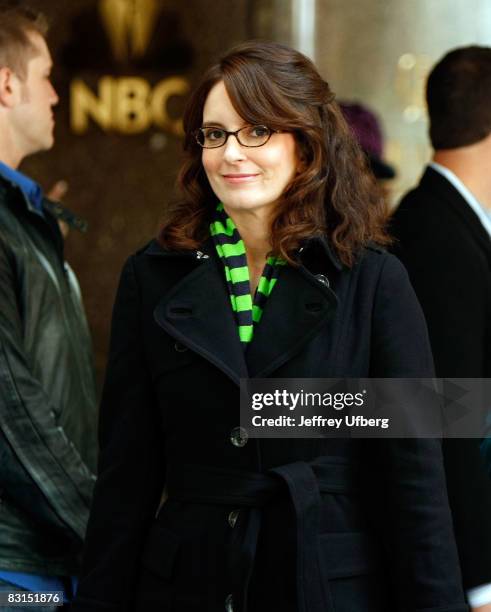 Actress Tina Fey stands on location during filming for "30 Rock" at Rockefeller Center on October 6, 2008 in New York City.