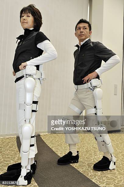 Models displays the newly developed robot-suit "HAL" , produced by Cyberdyne at the company's new R and D center at Tsukuba city in Ibaraki...