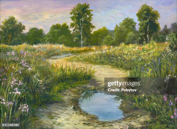 summer oil painting landscape - oil painting flowers stock illustrations