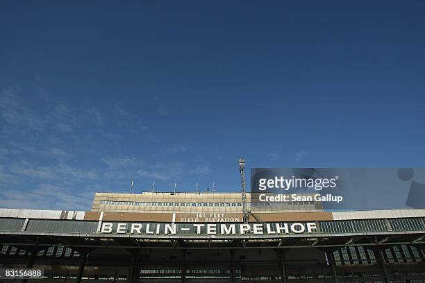 The central terminal of Tempelhof Airport stands under a blue sky on October 7, 2008 in Berlin, Germany. Tempelhof Airport, known for its role in the...
