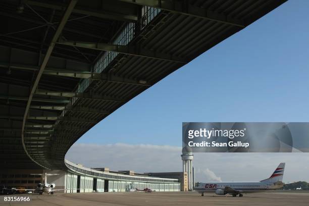 Commercial airliner from Czech airline CSA stands on the tarmac at Tempelhof Airport on October 7, 2008 in Berlin, Germany. Tempelhof Airport, known...