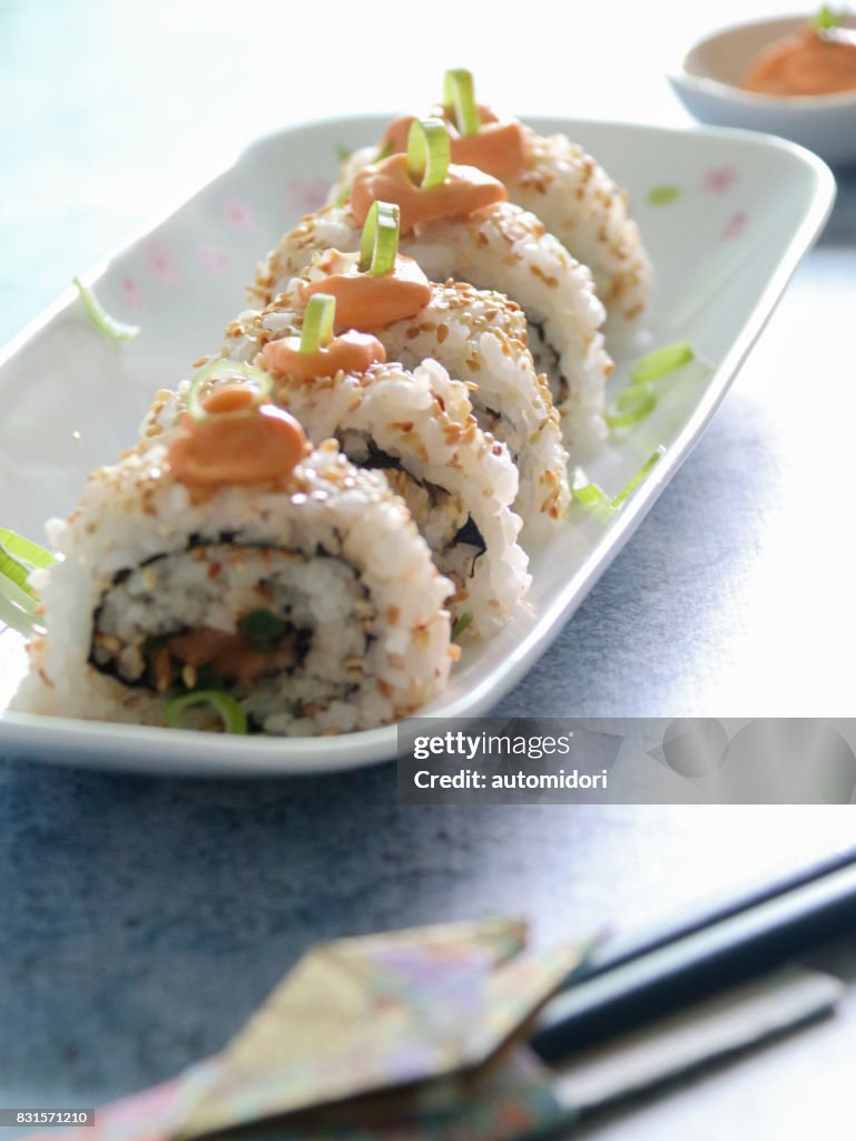 Spicy Salmon Sushi Roll With Spicy Mayo High-Res Stock Photo - Getty Images