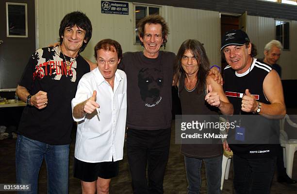 Ronnie Wood of The Rolling Stones, Angus Young of AC/DC, Keith Richards of The Rolling Stones, Malcolm Young of AC/DC and Brian Johnson of AC/DC