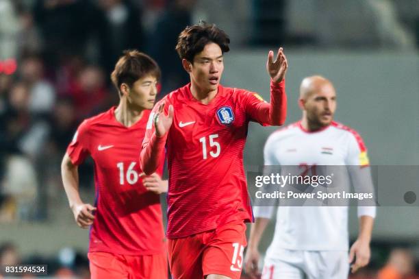 Hong Jeongho of Korea Republic celebrates during their 2018 FIFA World Cup Russia Final Qualification Round Group A match between Korea Republic and...