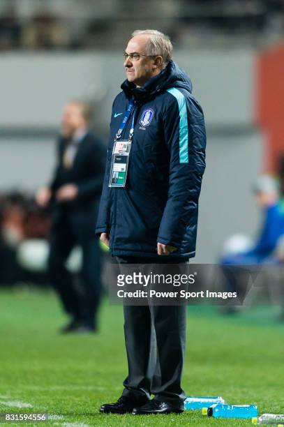 Coach Uli Stielike of Korea Republic looks on during their 2018 FIFA World Cup Russia Final Qualification Round Group A match between Korea Republic...