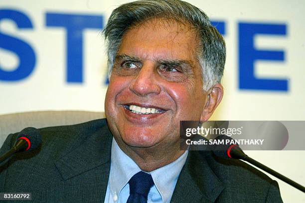 Chairman of Indian auto makers Tata Motors, Ratan Tata addresses media representatives in Gandhinagar on October 7, 2008. India's Tata Motors signed...