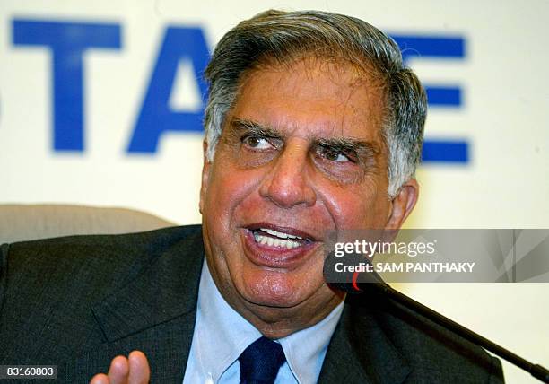 Chairman of Indian auto makers Tata Motors, Ratan Tata addresses media representatives in Gandhinagar on October 7, 2008. India's Tata Motors signed...