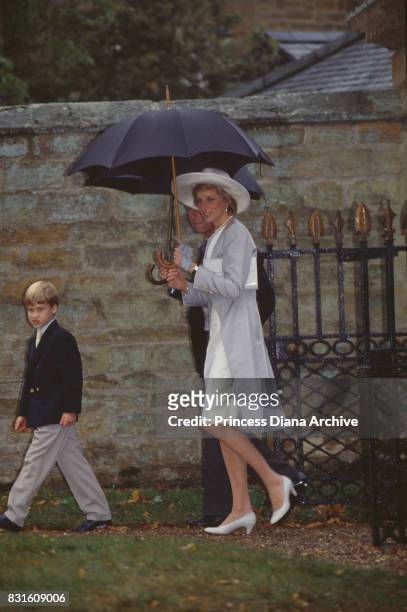 Princess Diana , Prince Charles, and Prince William attend Viscount and Viscountess Althorp wedding at St Mary The Virgin church in Great Brington,...