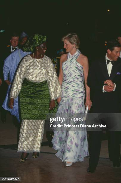 Diana, Princess of Wales with Maryam Babangida, former Nigerian First Lady, at a State Banquet held by president Badangida during the official visit...