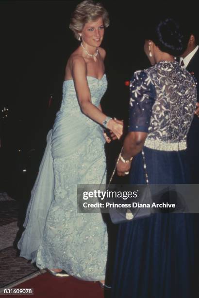 Diana, Princess of Wales attends a banquet at the president's palace in Yaounde, Cameroon, wearing a pastel blue Catherine Walker strapless evening...